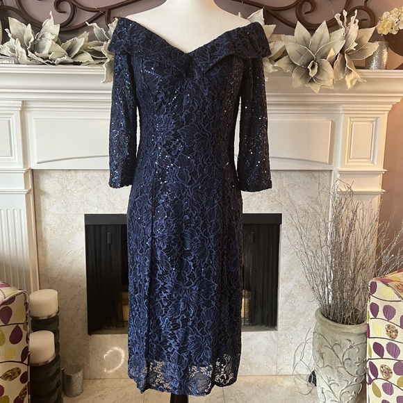Alex Evenings Off the Shoulder lace and Sequence Dress, Navy, Size 8, NWT - Picture 9 of 15